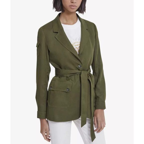 The Kooples Tencel Jacket Womens Size 36 Small Green Khaki Belted Oversized Fit - Picture 1 of 15